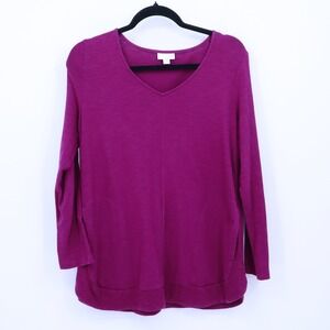 J Jill Cotton Blend V-Neck Long Sleeve Tunic Womens M Petite Pink Oversize Flowy